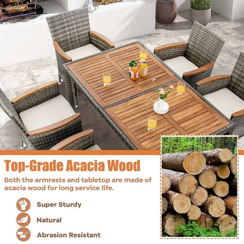Costway - 7 Pieces Patio Acacia Wood Cushioned PE Rattan Wicker Dining Set