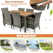 Costway - 7 Pieces Patio Acacia Wood Cushioned PE Rattan Wicker Dining Set