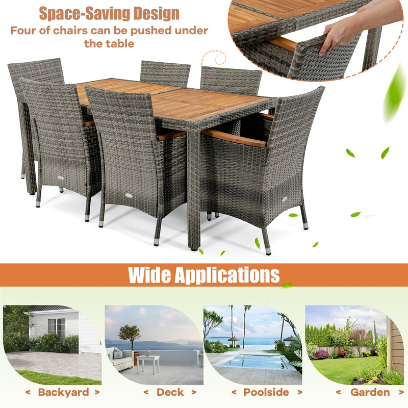 Costway - 7 Pieces Patio Acacia Wood Cushioned PE Rattan Wicker Dining Set