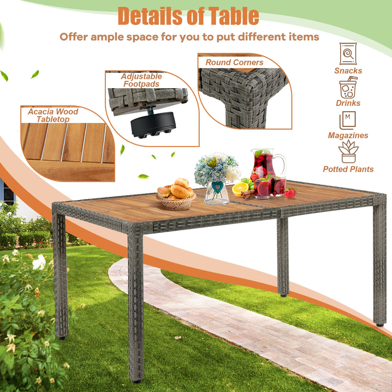 Costway - 7 Pieces Patio Acacia Wood Cushioned PE Rattan Wicker Dining Set