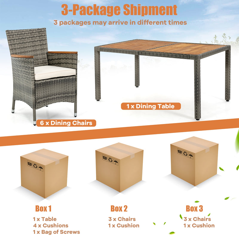 Costway - 7 Pieces Patio Acacia Wood Cushioned PE Rattan Wicker Dining Set