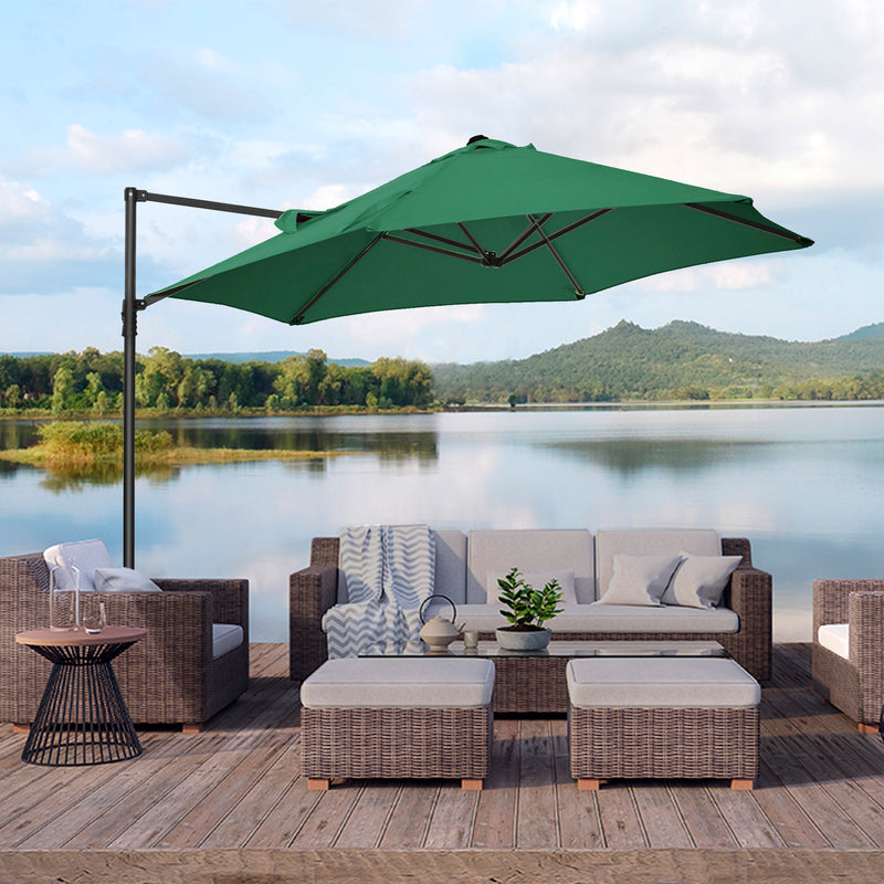 8.5FT Offset Patio Umbrella with 360° Rotation, Outdoor Cantilever Roma Parasol Hanging Sun Shade Canopy Shelter with Cross Base, Green