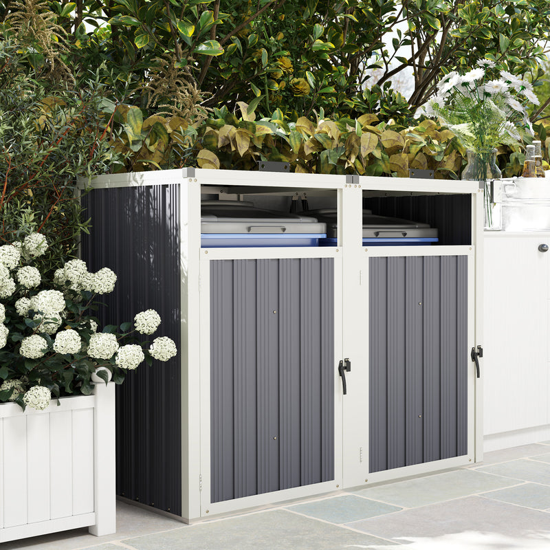 Double Garbage Bin Shed, Lockable Outdoor Storage Shed with Openable Lid, Galvanized Frame for Garden Patio, Dark Grey