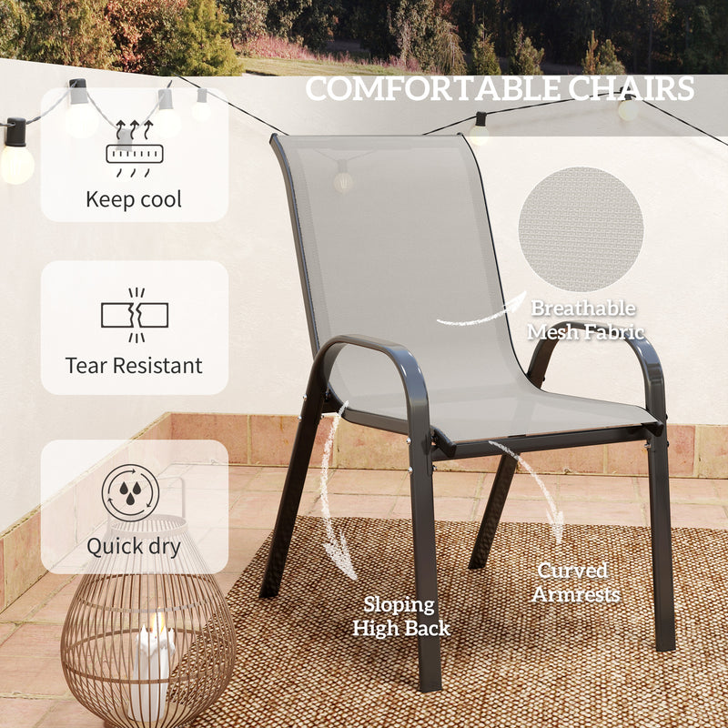 Outsunny - 3 Pieces Bistro Set, Small Patio Furniture Set with Stackable Mesh Chairs, Glass Table for Garden, Balcony, Light Grey