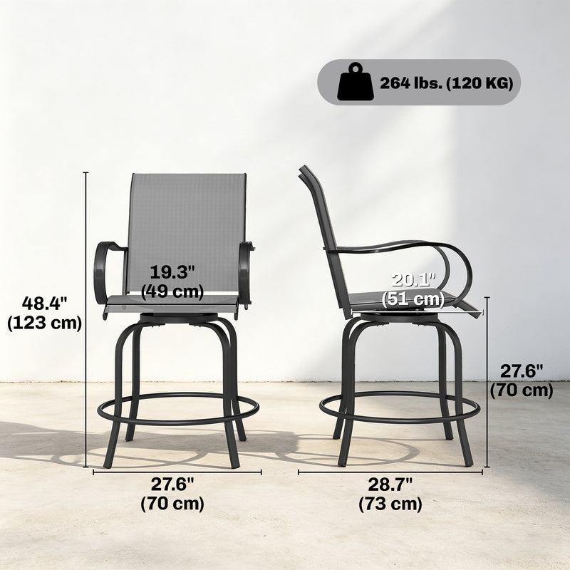 Outsunny - Outdoor Bar Stools Set of 2, 360° Swivel Bar Height Chairs, 26.8" x 29.5" x 48.4", Grey