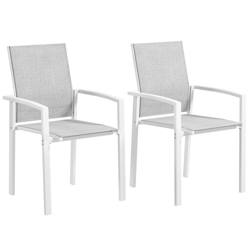 Outsunny - Set of 2 Outdoor Garden Chairs, Stackable Patio Dining Chairs with Breathable Fabric, Armrests and Backrest, Light Grey