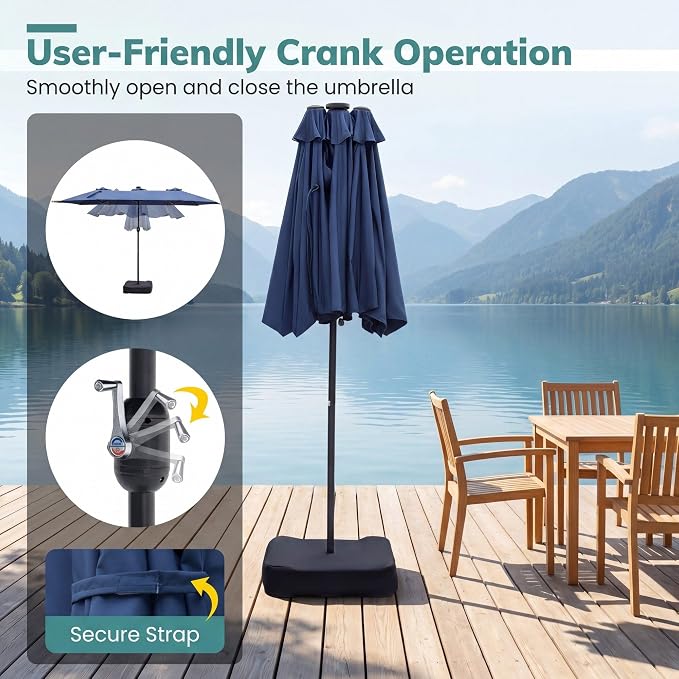 Solar LED Double-Sided Patio Umbrella with Base – Extra Large Outdoor Twin Umbrella with 36 Solar LED Lights, Crank System & Weighted Base