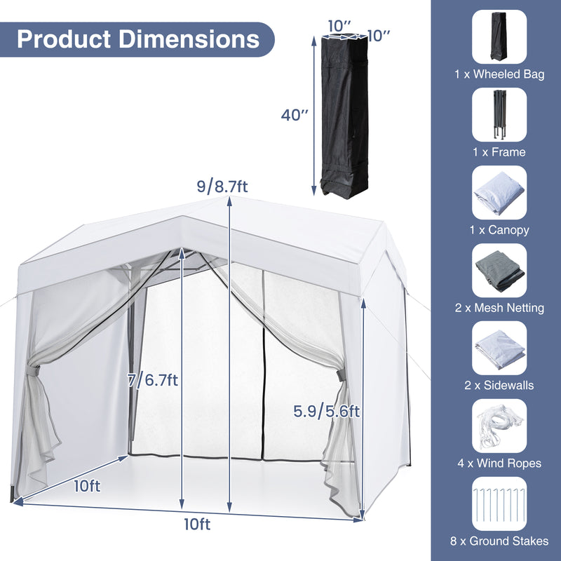 Costway - Pop up Canopy Tent wiht 4 Sidewalls Mesh Netting Wheeled Bag-White