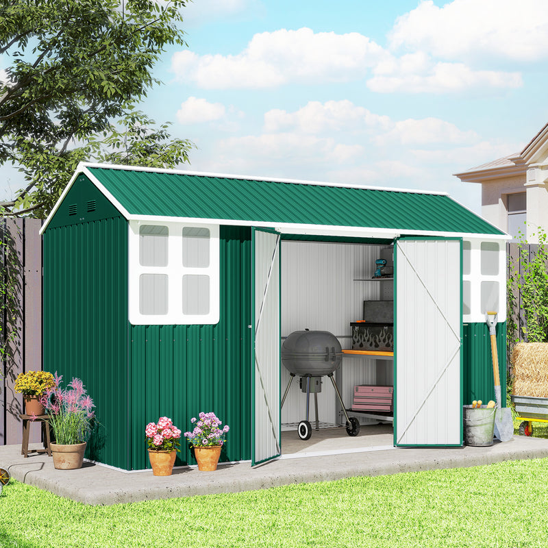 12' x 5.5' Metal Garden Storage Shed, Outdoor Tool Storage House with Lockable Door, Vents, Sloped Roof, Green