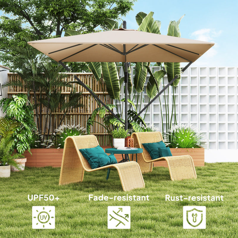 Outsunny - Patio Offset Umbrella UPF 50+ UV Protection, Crank Parasol with Base, Cover & Wind Securing, Khaki — 84D-419V00KK