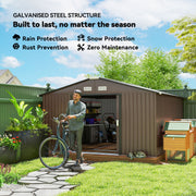 11' x 13' Outdoor Metal Storage Shed Large Tool House with Weatherproof Construction, Vent, Foundation Kit, Brown