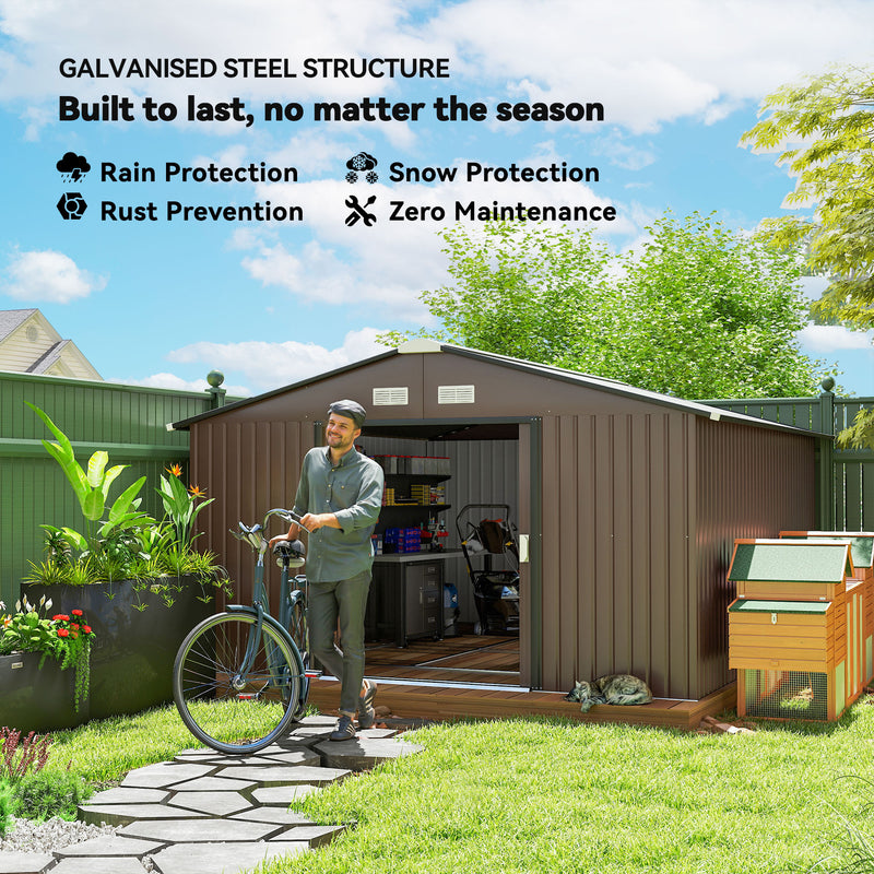 11' x 13' Outdoor Metal Storage Shed Large Tool House with Weatherproof Construction, Vent, Foundation Kit, Brown