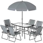 Outsunny - 8 Piece Patio Table and Chairs Set with Folding Chairs, Tempered Glass Tabletop and Umbrella for Garden, Grey