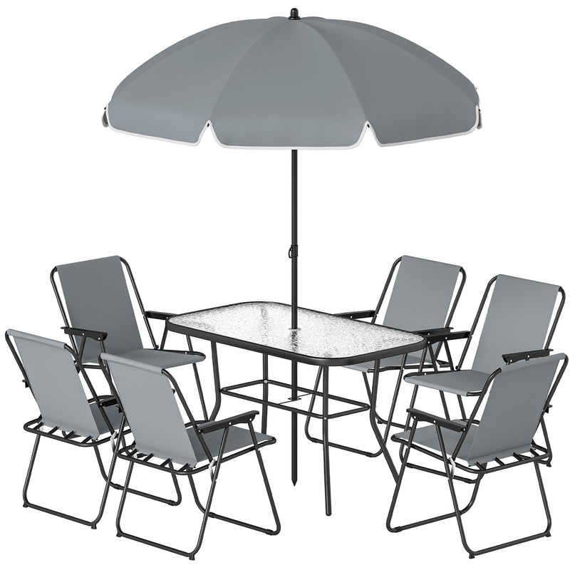 Outsunny - 8 Piece Patio Table and Chairs Set with Folding Chairs, Tempered Glass Tabletop and Umbrella for Garden, Grey