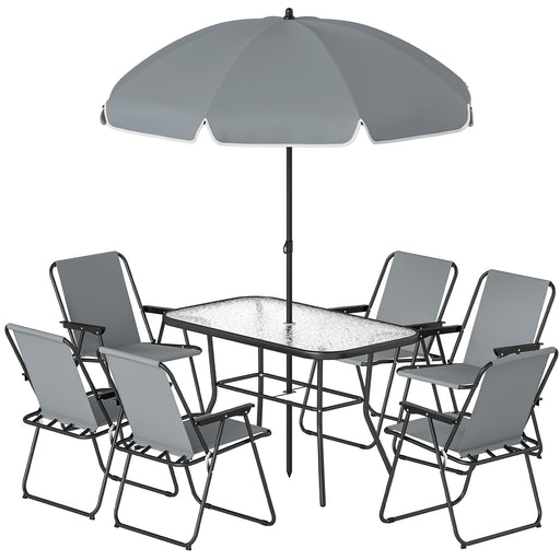 Outsunny - 8 Piece Patio Table and Chairs Set with Folding Chairs, Tempered Glass Tabletop and Umbrella for Garden, Grey