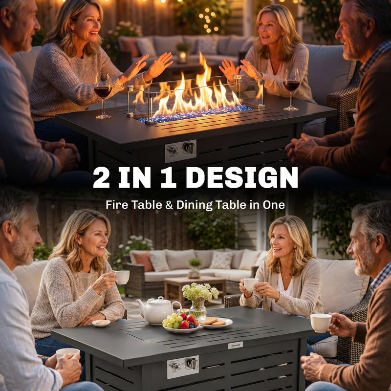 Outsunny - Propane Gas Fire Pit Table, Outdoor Firepit with 43" Steel Tabletop and Lid, 50,000 BTU Pulse Ignition Fire Table w/ Stainless Steel Burner, Glass Wind Guard, and Cover