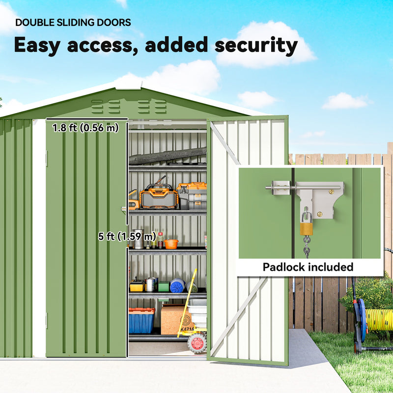 6.5' x 4' Outdoor Storage Shed, Metal Garden Shed with Lockable Double Doors, 4 Vents, Light Green