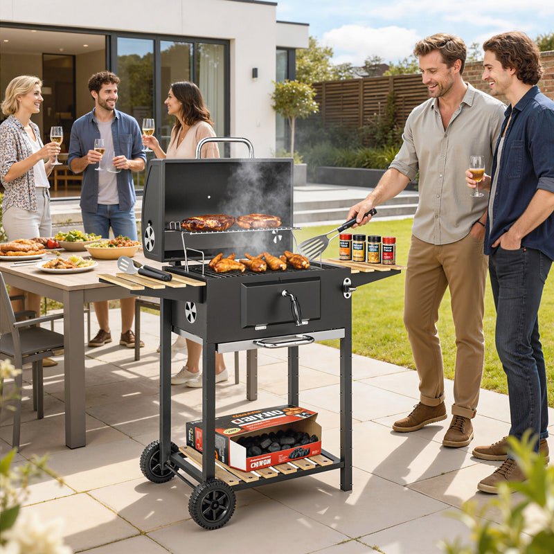 Outsunny - 20" Charcoal BBQ Grill Barbecue on Wheels with Adjustable Charcoal Pan, Spacious Cooking Area, 3 Shelves, Thermometer