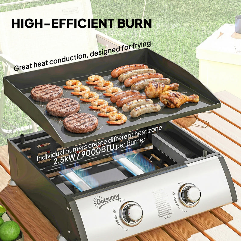 Outsunny - 2 Burner Liquefied Gas Grill, Portable Tabletop BBQ Grill, for Camping, Picnic, Silver