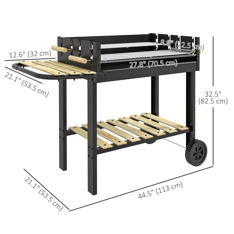 Outsunny - Charcoal Grill,Barbecue Trolley with Double Adjustable Grill, Side Table, Storage Shelf and Wheels, Black
