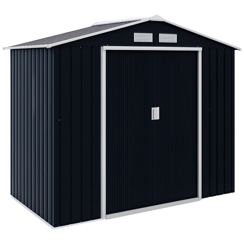 7' x 4' x 6' Garden Storage Shed Outdoor Patio Metal Tool Storage House w/ Foundation Kit and Double Doors Dark Grey