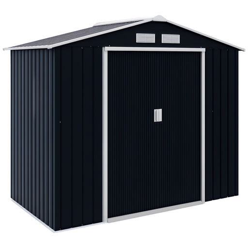 7' x 4' x 6' Garden Storage Shed Outdoor Patio Metal Tool Storage House w/ Foundation Kit and Double Doors Dark Grey
