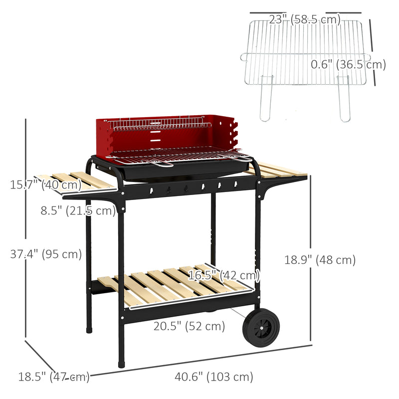 Outsunny - Charcoal Barbecue Grill with Adjustable Grill Height, Portable BBQ Trolley with Ash Catcher and Wheels, Red