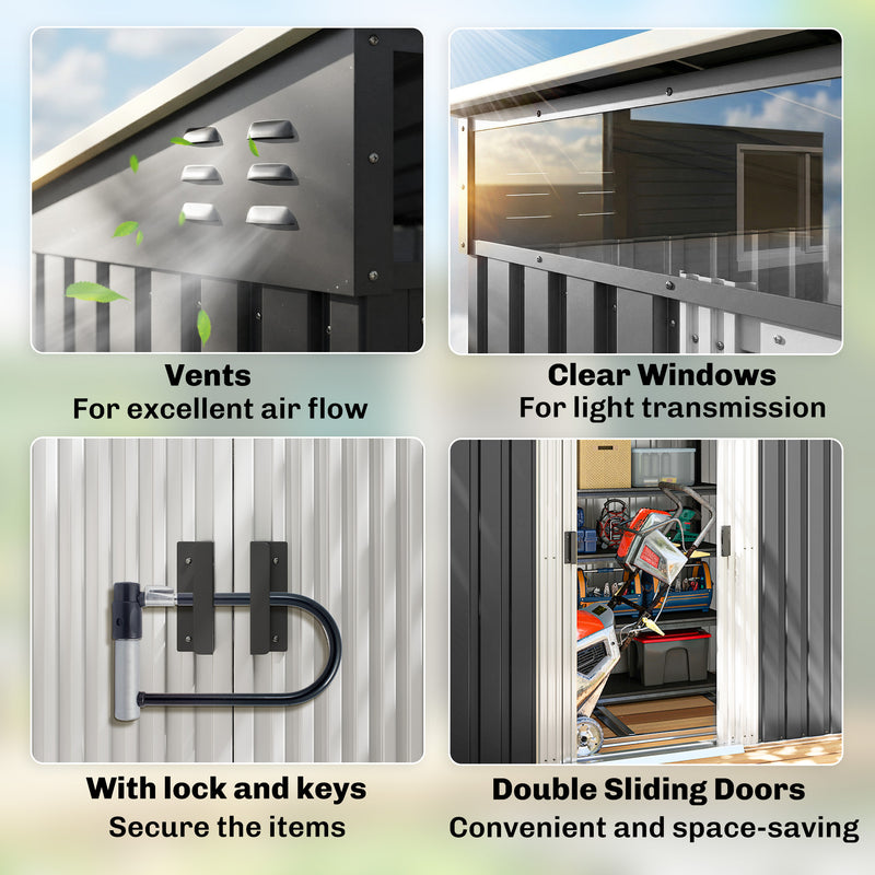 6.5x4FT Galvanised Metal Shed with Foundation Kit, Lockable Garden Tool Storage House with Sliding Doors, Vents, Grey