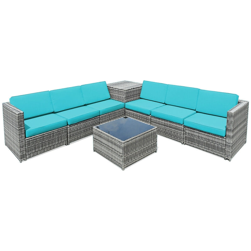 Costway - 8 Piece Wicker Sofa Rattan Dinning Set Patio Furniture with Storage Table-Turquoise