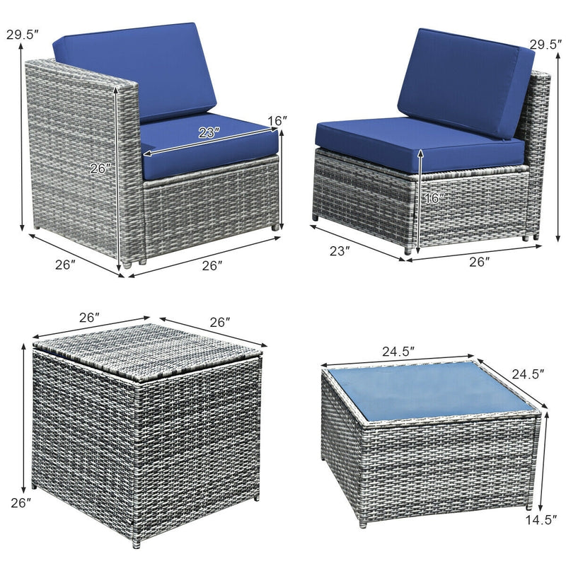 Costway - 8 Piece Wicker Sofa Rattan Dinning Set Patio Furniture with Storage Table-Navy