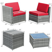 Costway - 8 Piece Wicker Sofa Rattan Dinning Set Patio Furniture with Storage Table-Red