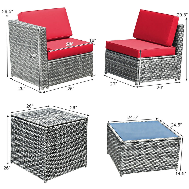 Costway - 8 Piece Wicker Sofa Rattan Dinning Set Patio Furniture with Storage Table-Red