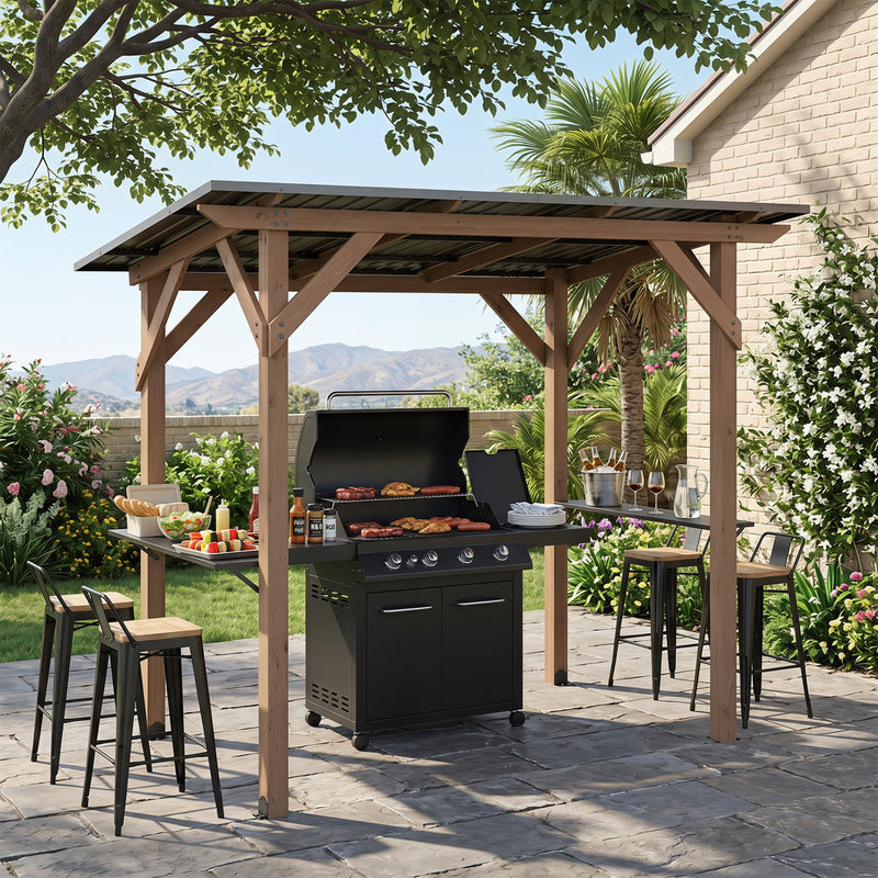 Costway - 8.6 FT x 5 FT Grill Gazebo Cedar Wood BBQ Gazebo with 2 Side Serving Shelves-Brown