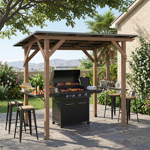 Costway - 8.6 FT x 5 FT Grill Gazebo Cedar Wood BBQ Gazebo with 2 Side Serving Shelves-Brown
