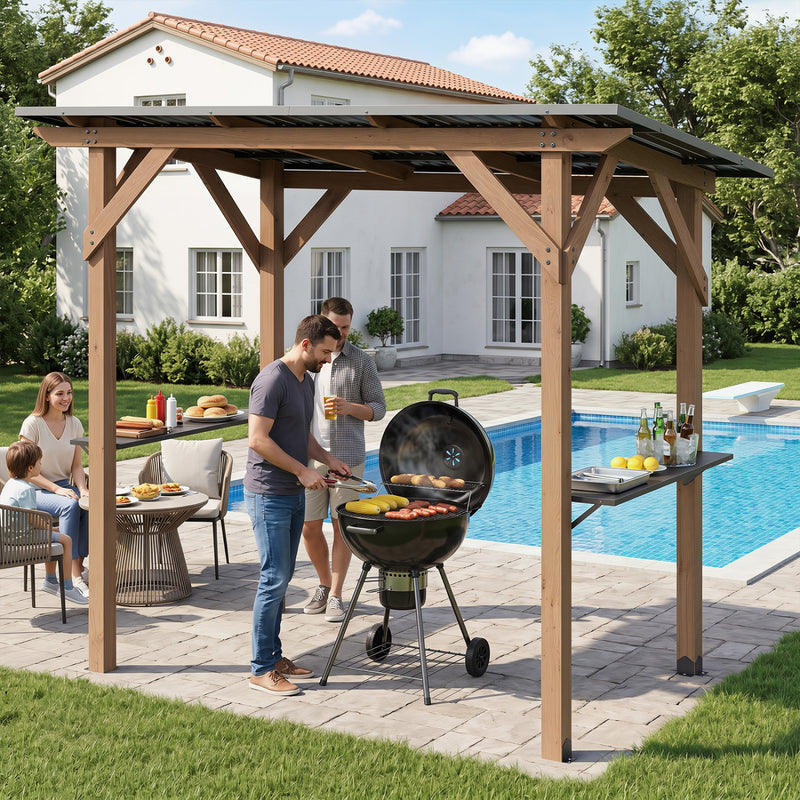 Costway - 8.6 FT x 5 FT Grill Gazebo Cedar Wood BBQ Gazebo with 2 Side Serving Shelves-Brown