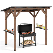 Costway - 8.6 FT x 5 FT Grill Gazebo Cedar Wood BBQ Gazebo with 2 Side Serving Shelves-Brown