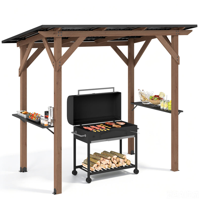 Costway - 8.6 FT x 5 FT Grill Gazebo Cedar Wood BBQ Gazebo with 2 Side Serving Shelves-Brown