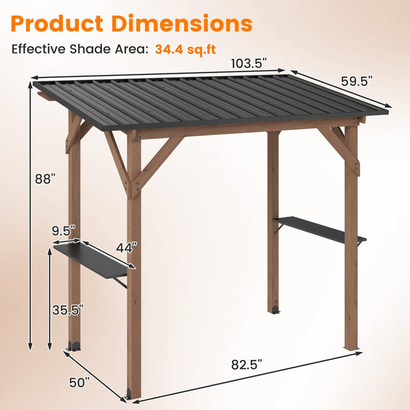 Costway - 8.6 FT x 5 FT Grill Gazebo Cedar Wood BBQ Gazebo with 2 Side Serving Shelves-Brown