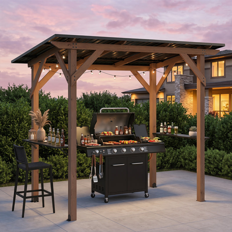 Costway - 8.6 FT x 5 FT Grill Gazebo Cedar Wood BBQ Gazebo with 2 Side Serving Shelves-Brown