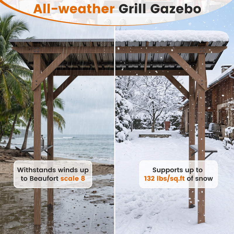 Costway - 8.6 FT x 5 FT Grill Gazebo Cedar Wood BBQ Gazebo with 2 Side Serving Shelves-Brown