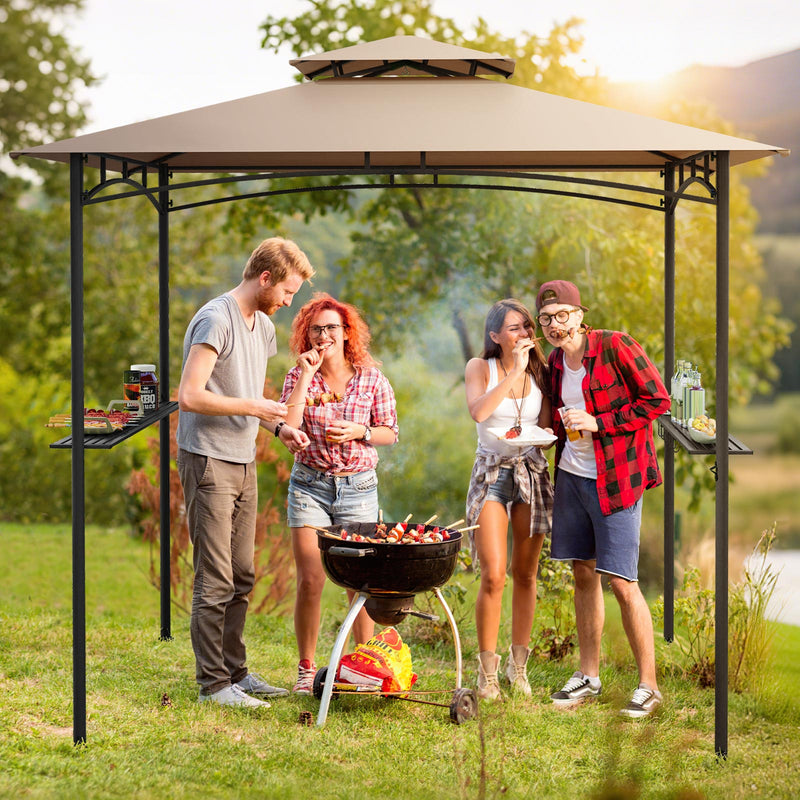 Costway - 8 x 5 Feet Grill Gazebo with 2 Shelves 6 Hooks and Metal Frame-Rustic Brown