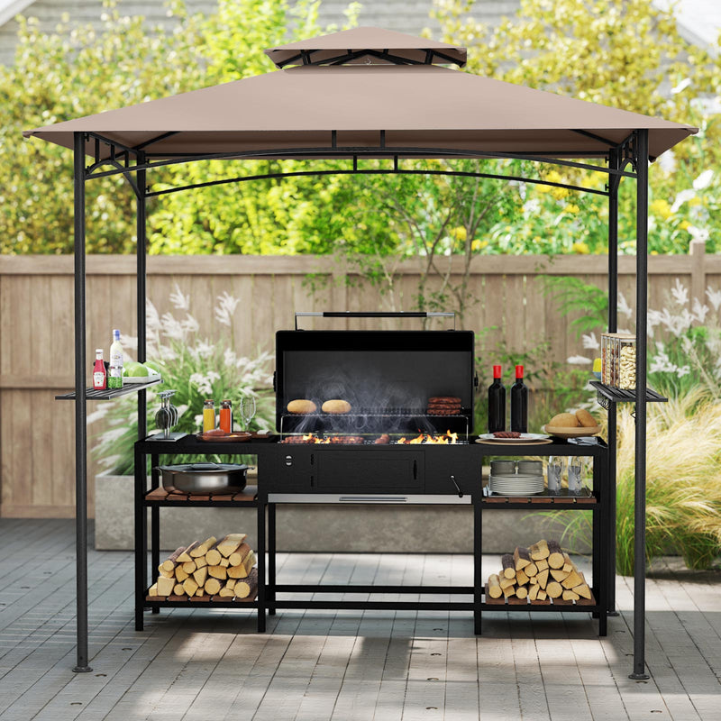 Costway - 8 x 5 Feet Grill Gazebo with 2 Shelves 6 Hooks and Metal Frame-Rustic Brown