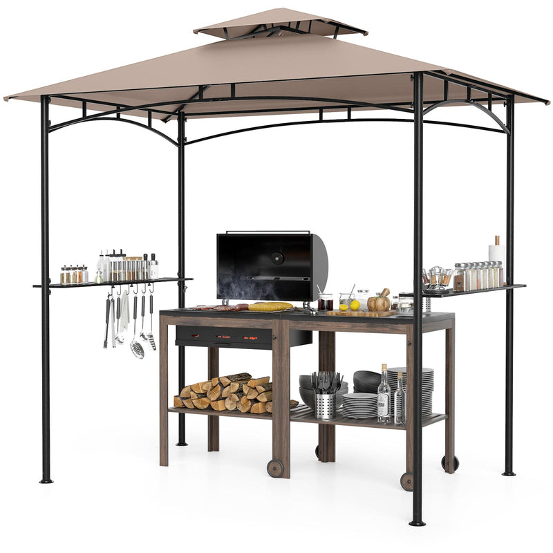 Costway - 8 x 5 Feet Grill Gazebo with 2 Shelves 6 Hooks and Metal Frame-Rustic Brown