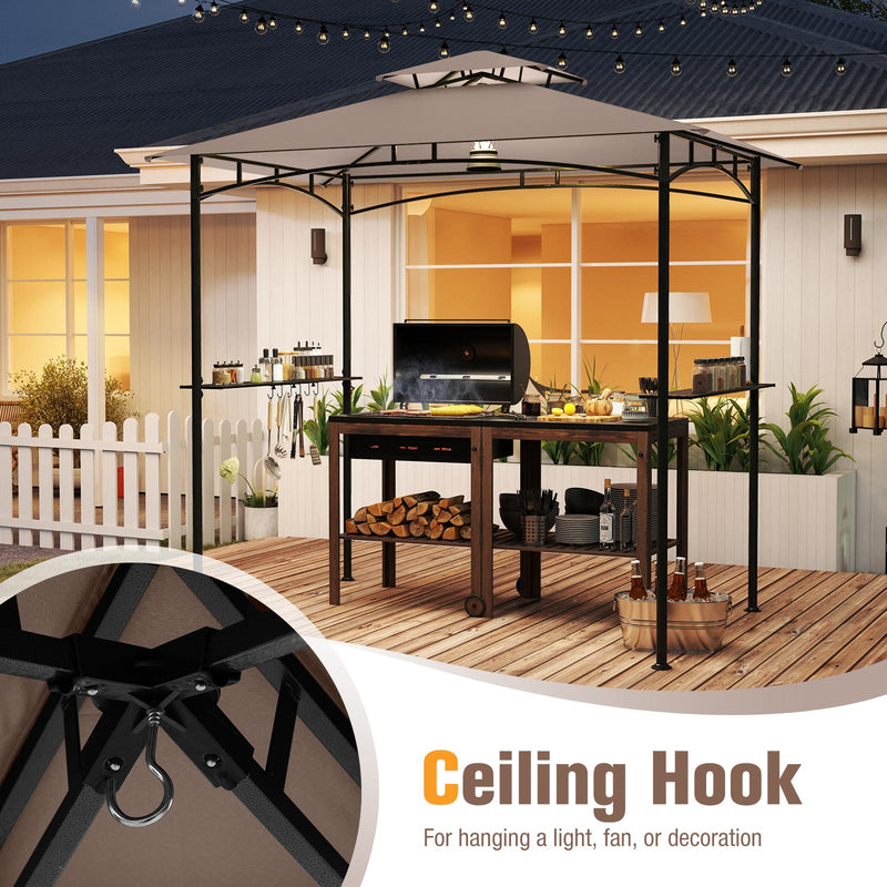 Costway - 8 x 5 Feet Grill Gazebo with 2 Shelves 6 Hooks and Metal Frame-Rustic Brown
