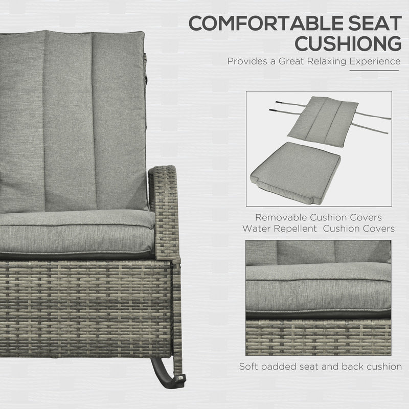 Outsunny - Outdoor Wicker Rocking Chair with Cushion, Patio PE Rattan Recliner Chair with Adjustable Footrest, Armrests, Mixed Grey