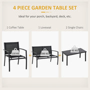 Outsunny - 4-Piece Patio Furniture Set with Glass Top Coffee Table, Breathable Mesh Seat & Backrest for Garden, Balcony, Black