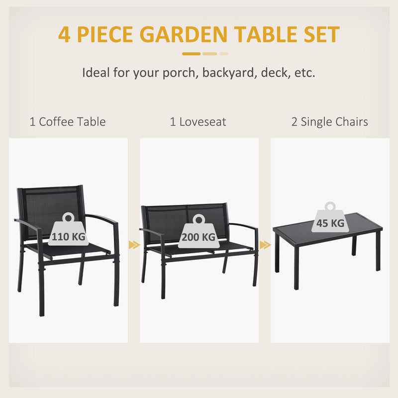 Outsunny - 4-Piece Patio Furniture Set with Glass Top Coffee Table, Breathable Mesh Seat & Backrest for Garden, Balcony, Black