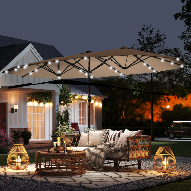 Outsunny - 174" Double-Sided Sun Umbrella Garden Parasol Patio Sun Shade Outdoor with LED Solar Light, Khaki — 84D-106CF