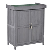 Wooden Garden Tool Storage Shed Kit with Hinged Roof, 2-Tier Shelves and Double Doors, 74x43x88cm, Dark Grey