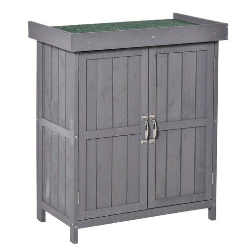 Wooden Garden Tool Storage Shed Kit with Hinged Roof, 2-Tier Shelves and Double Doors, 74x43x88cm, Dark Grey